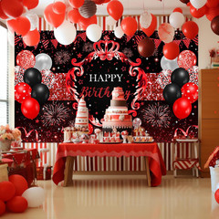 Red and Black Birthday Backdrop Glitter Red Banner for Women Girls Birthday Part