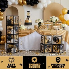 4 Pcs 2026 Graduation Balloon Boxes, Black & Gold Party Decorations with blessin