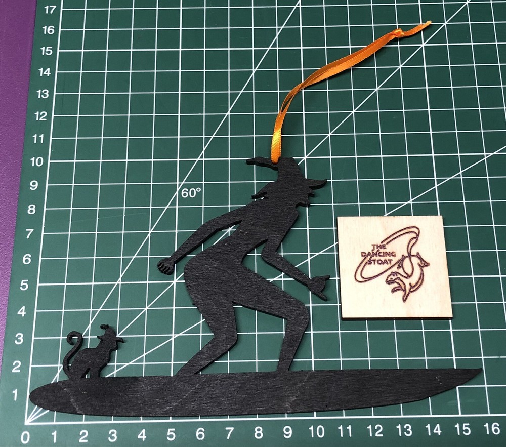 halloween / Surfing Hanging Witch & Cat. Laser Cut Painted Plywood. With Ribbon.