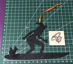 halloween / Surfing Hanging Witch & Cat. Laser Cut Painted Plywood. With Ribbon.