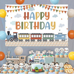 Train Theme Birthday Decorations, Steam Train Happy Birthday Backdrop Banner Sig