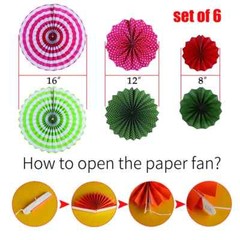 6/8pcs Mix Colour Gold Patterned Hanging Paper Fans Coloured Fan Set Party Decor