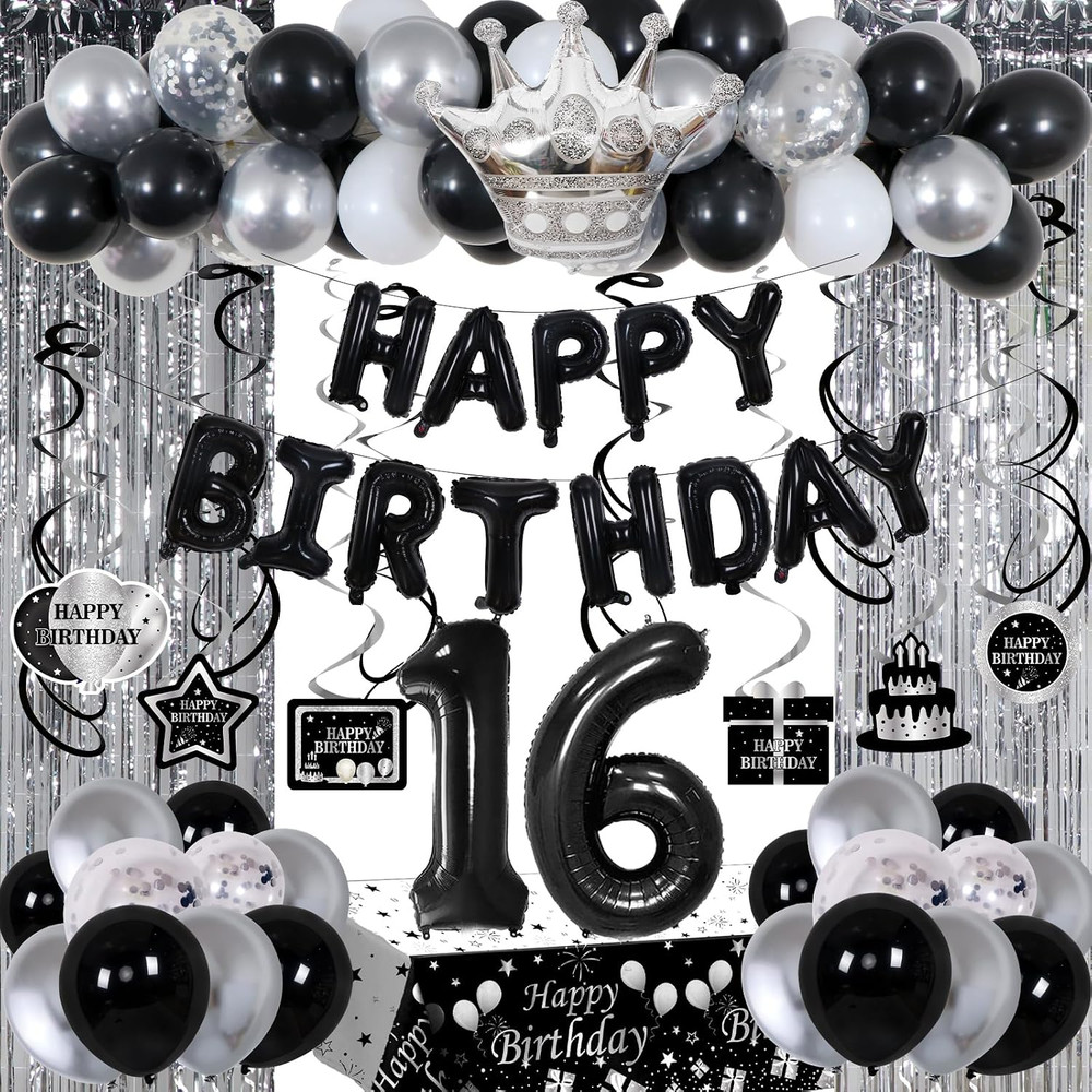Black and Silver 16Th Birthday Decorations for Boys Girls, Black and White 16Th
