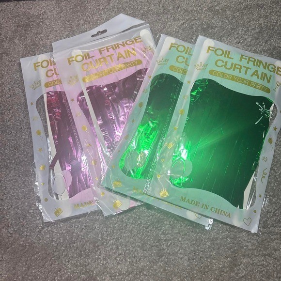 4 pack Foil fringe curtains in pink and green party decor inspo themed party