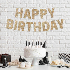 Pre-Strung Happy Birthday Banner – Gold Glitter Birthday Party Banner | No DIY –