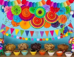 35PCS Fiesta Celebration Decor – Paper Fans, Pom Poms & Banners for Parties