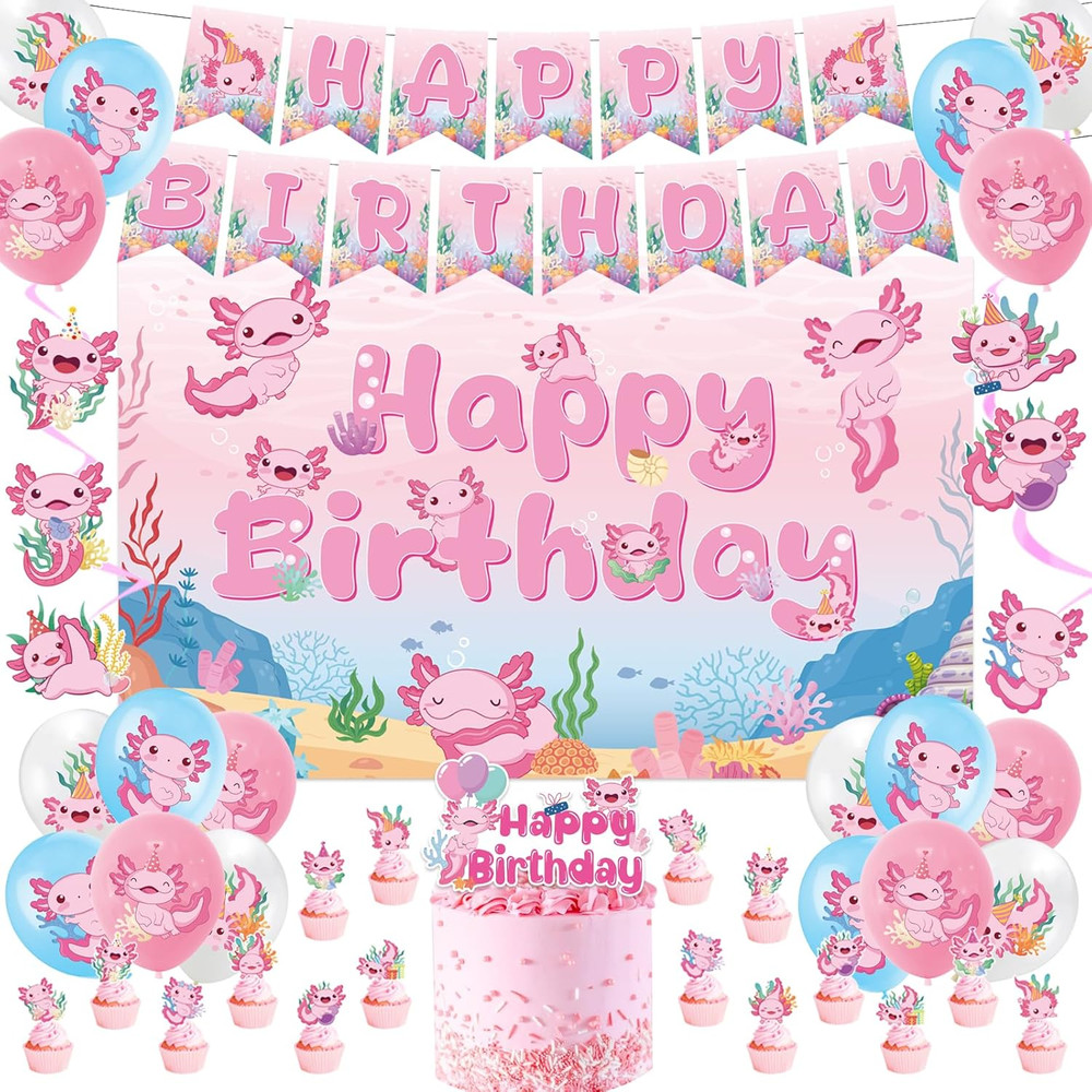 Axolotl Birthday Decorations Supplies, 44PCS Pink Axolotl Happy Birthday Decor S