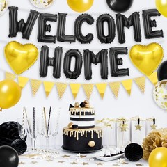 Welcome Home Decorations Black Gold Foil Balloon Banner with Confetti Balloons