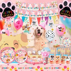 161 Pcs Puppy Party Decorations Pink Dog Tableware Set Balloons Banner Plate