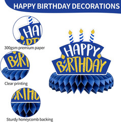 9 Pieces Blue and Gold Birthday Table Decorations, Happy Birthday Honeycomb Cent