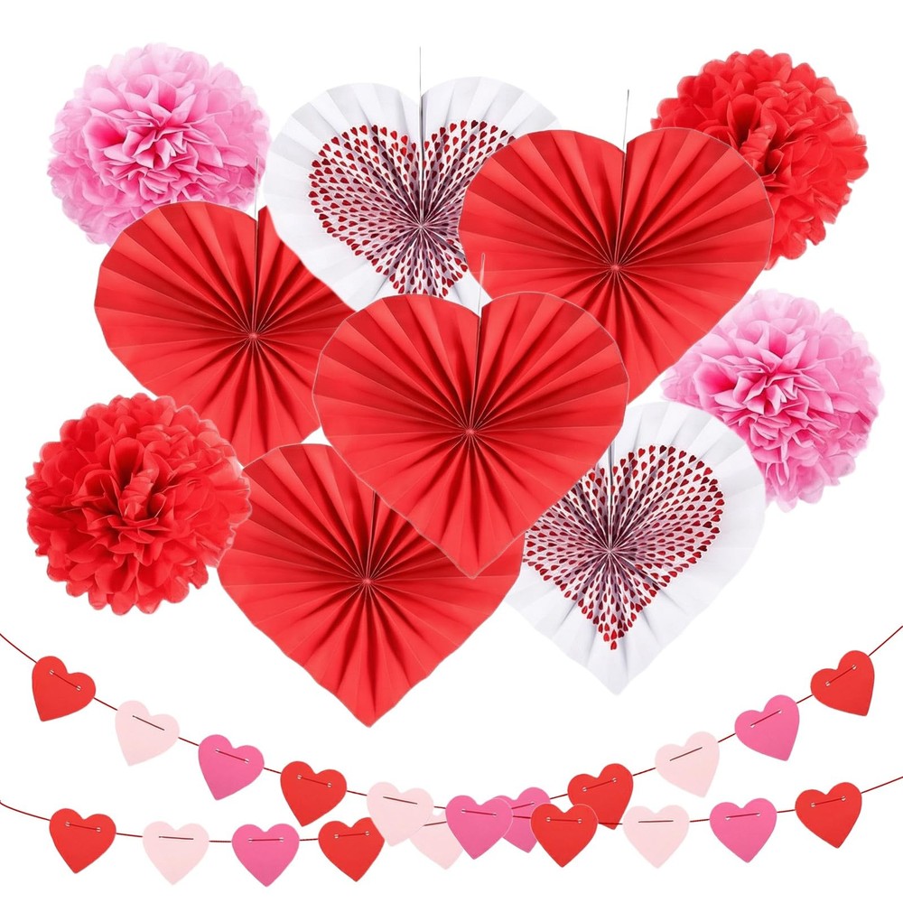 Valentine Day Hanging Decorations Kit Bunting Heart Paper Fans Pompoms Set