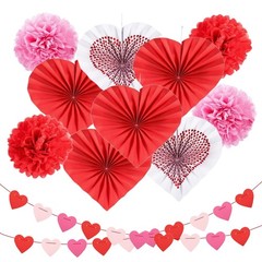 Valentine Day Hanging Decorations Kit Bunting Heart Paper Fans Pompoms Set