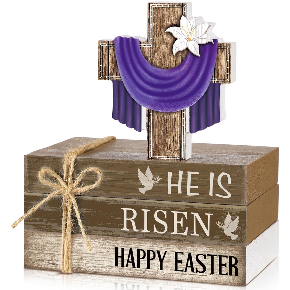 Easter He Is Risen Wooden Sign Table Centerpiece Cross Faux Book 4 PCS
