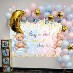 Boho Bear Gender Reveal Backdrop 7X5Ft Boy or Girl Floral Baby Shower Party Phot