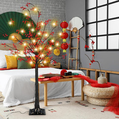 5 Ft Lighted Lunar New Year Tree with 80 LED Red Berry Decor for Home
