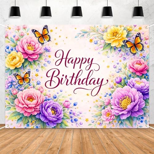 Happy Birthday Floral Backdrop, 5x3ft Birthday Banner, Colorful Flower and
