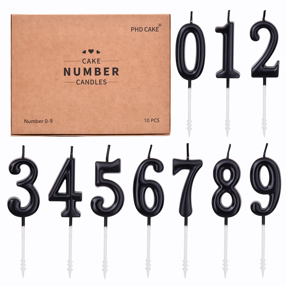 PHD CAKE 10-Pieces Black Numeral Birthday Candles, Cake Candles