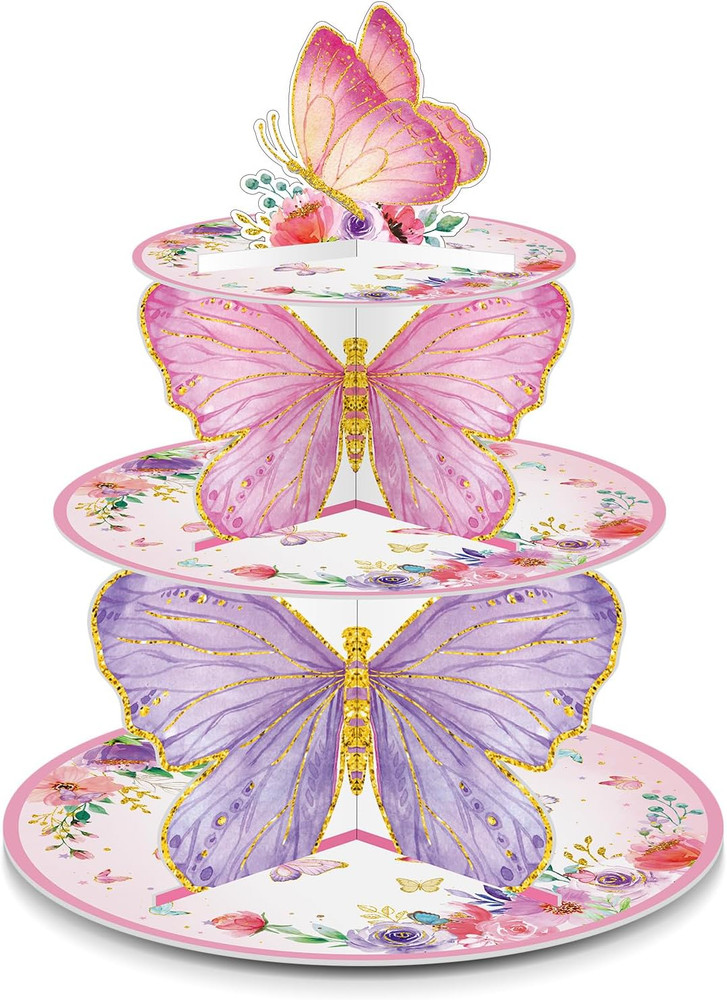 1 Pcs 3 Tier Butterfly Cupcake Stand Butterfly Birthday Decorations Spring Cupca