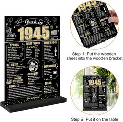 Black Gold 80Th Birthday Decorations Back in 1945 Table Sign for Women Men, Two-