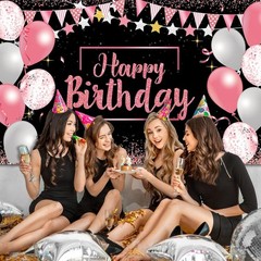 Birthday Decorations Backdrop Banner 72.8×43.3 Inch Pink Black Photo Background