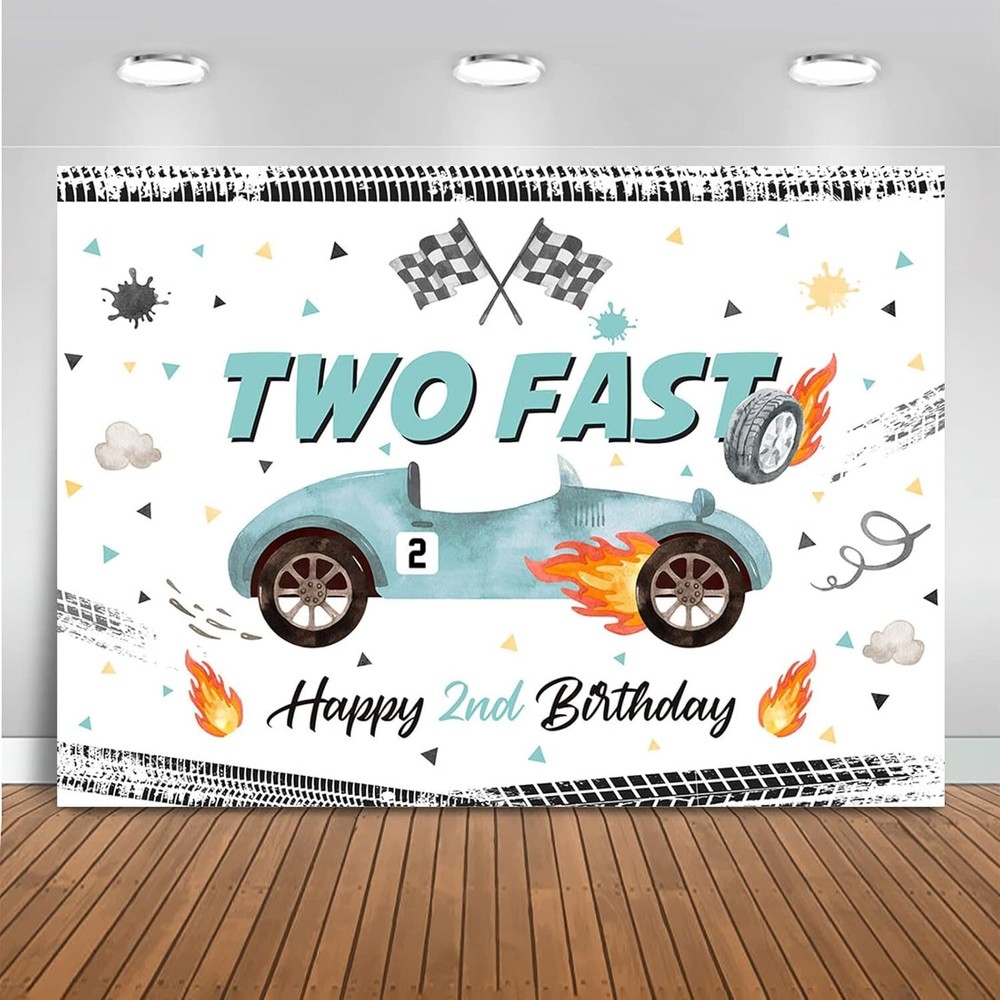 NEW Two Fast Happy 2nd Birthday Backdrop Race Car Photo Background 7x5ft 82×60