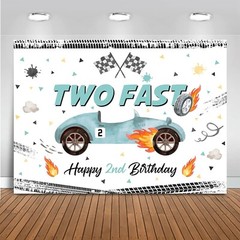 NEW Two Fast Happy 2nd Birthday Backdrop Race Car Photo Background 7x5ft 82×60