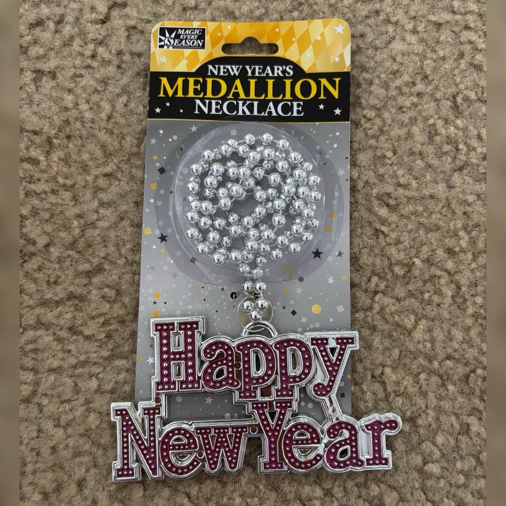 Happy New Year Medallion Necklace Silver Bead Party Favor Costume Prop New
