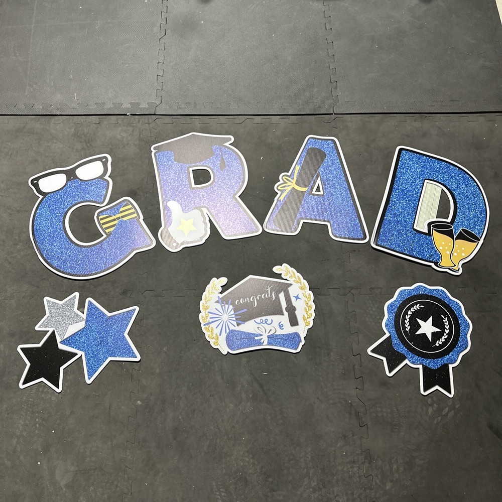 Blue Yellow Black Graduation Yard Signs Waterproof With Balloons Grad Yard Sign