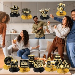 Happy New Year 2026 Honeycomb Centerpieces Black Gold 12 PCS Table Decor NYE