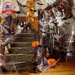 Famoby 1200 sqft Halloween Spider Webs and 120pcs Fake Bats and 50pcs Fake Spide