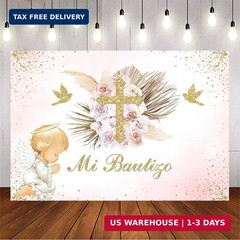Avezano Mi Bautizo Backdrop Boho Baptism Party Decorations for Girl Blush Pink F