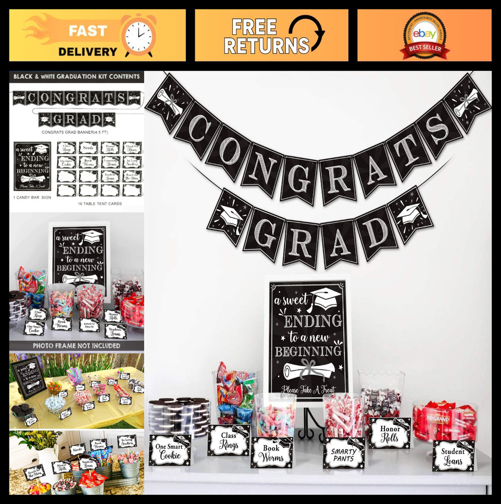 Graduation Candy Buffet Signs & Decorations – Black & White Congrats Grad Banner