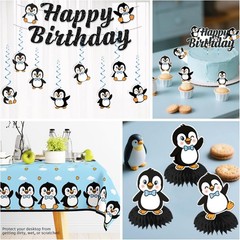 Penguin Themed Birthday Tableware Includes Tablecover, Utensils, Decorations