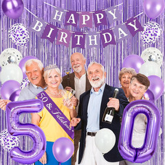 Purple Silver 50Th Birthday Decorations for Women | Banner, Sash and Crown, Cake