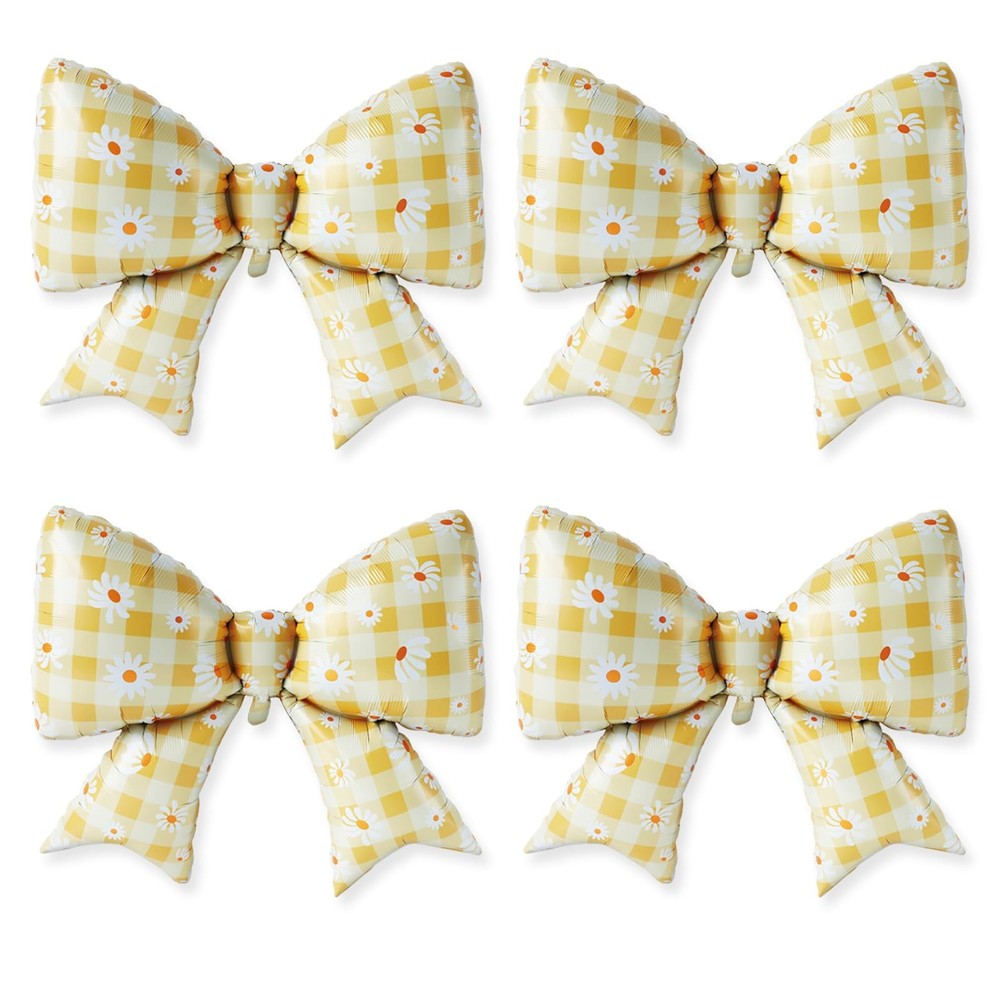 4 PCS Daisy Bow Balloons, Large Yellow Gingham Coquette Foil Balloon Set