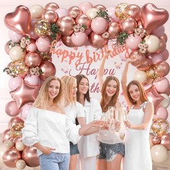 Rose Gold Birthday Decorations Set – 15 Balloons, Tablecloth, Backdrop, Banner
