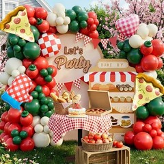 Pizza Party Decorations Kit with Red Dark Green White Latex Balloon arch Pizz