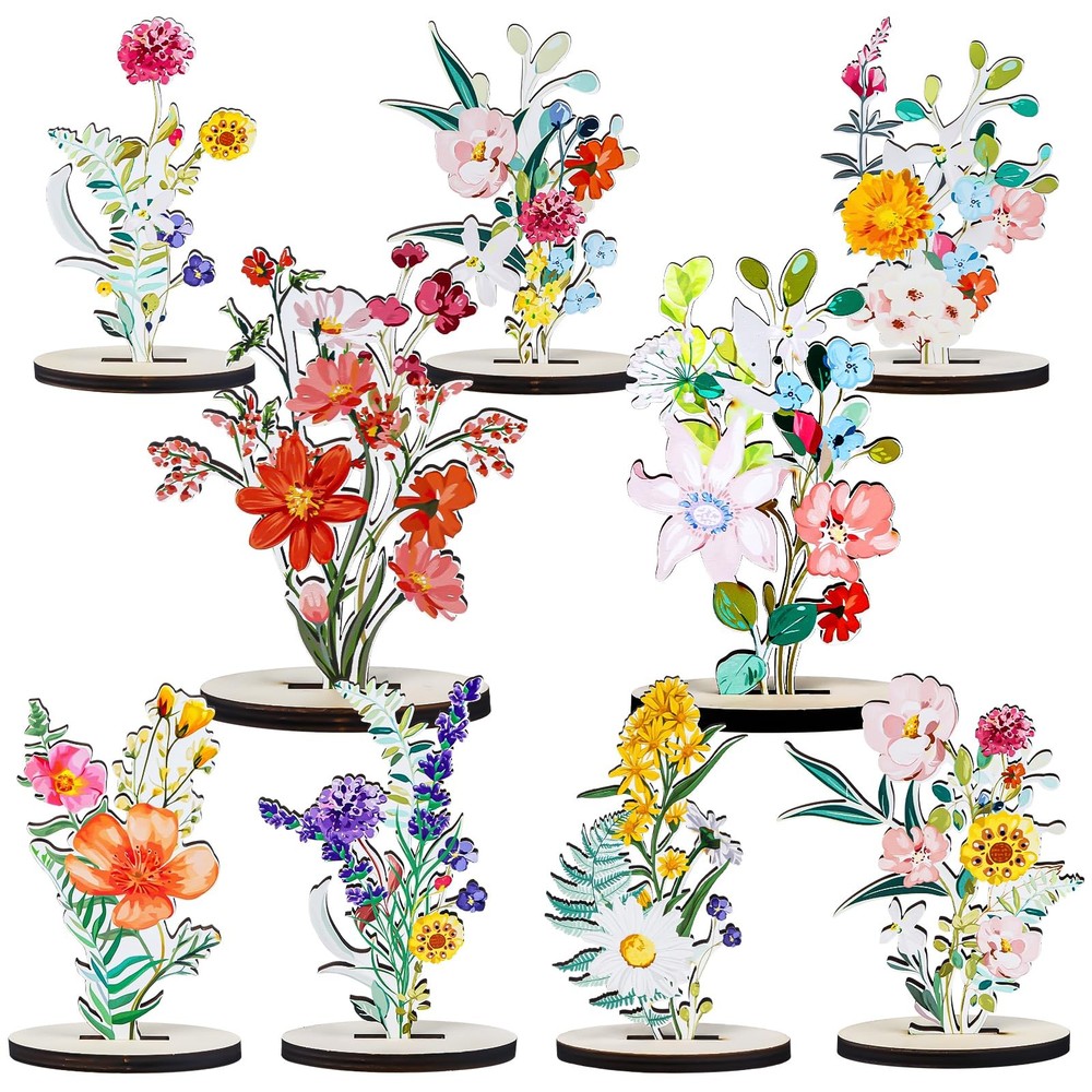 Wooden Wildflower Party Decorations Flower Birthday Table Sign Decor 9 PCS