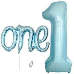 2Pcs Light Blue One Balloon Set, 40inch Large Foil Baby Blue Number Pearl Blue
