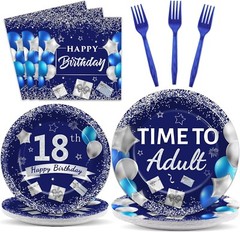 Complete 18th Birthday Tableware: 96 Pieces of Blue Silver Plates & Napkins