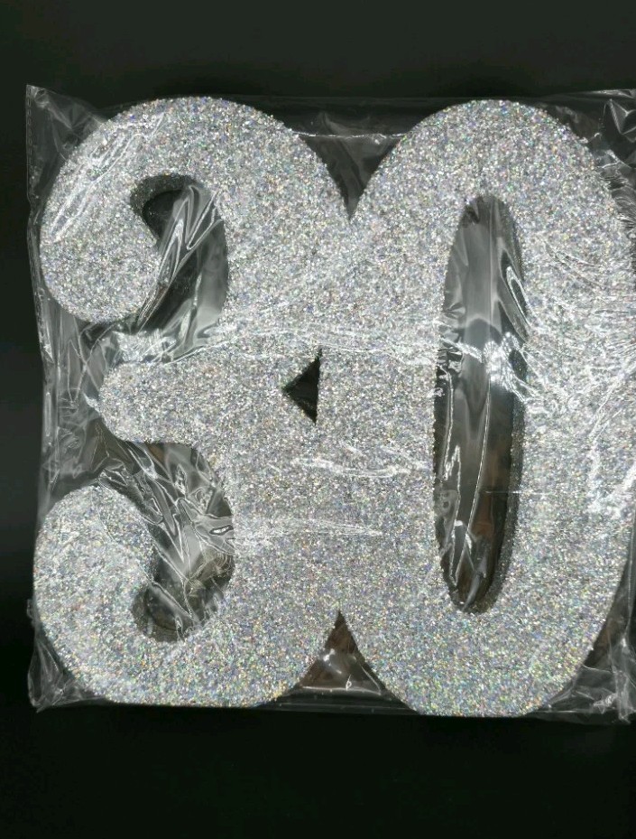 Large 30 Number Sign, Silver Glitter, Fairy Lights, New