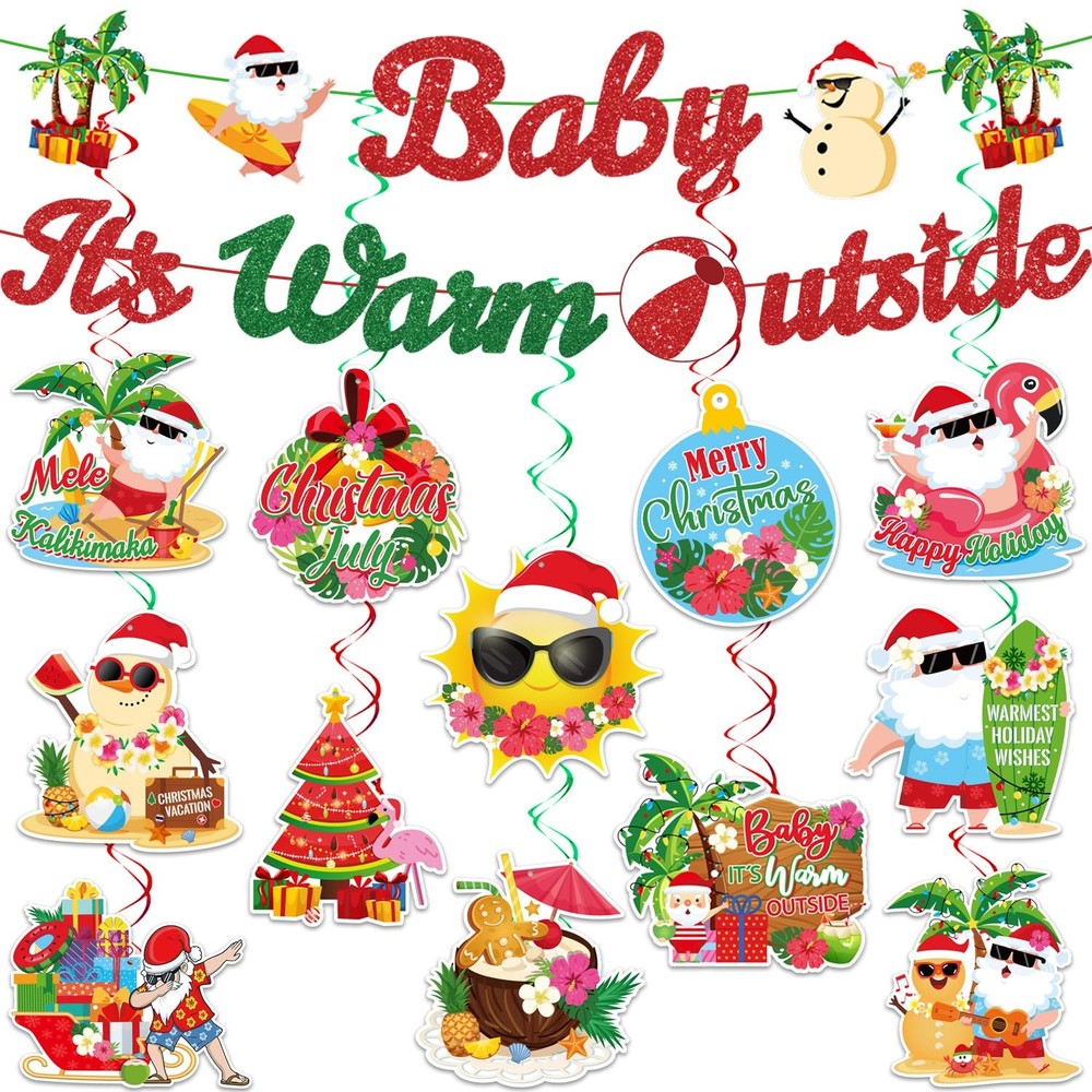 Summer Christmas Party Decorations Banner and Hanging Swirls | Baby It’s Warm