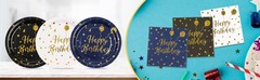 75PCS Happy Birthday Paper Plates – 7 Inch White Gold Dot Paper Plates and 6.5