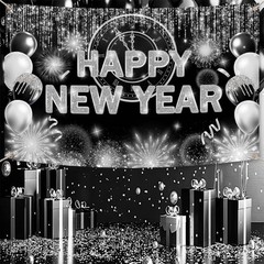 Black Silver Happy New Year Backdrop 2026 Kiss Me at Midnight Photography