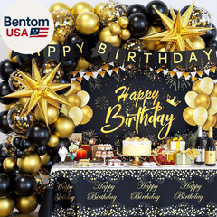 Black and Gold Birthday Decorations for Men Women, 71Pcs Black and Gold Party De