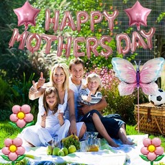 Happy Mother’s Day Balloons Mothers Banner Set for Party Decoration Pink