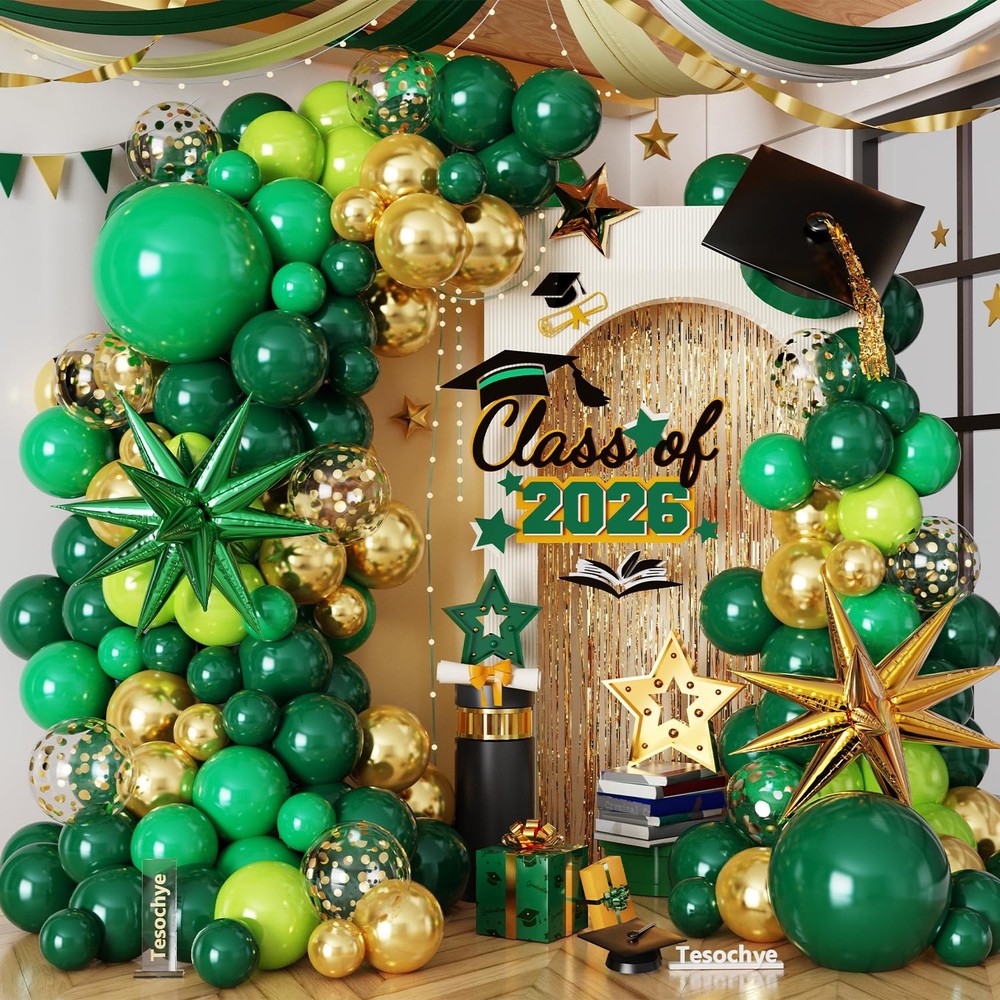 147 PCS Green Gold Balloon Garland Arch Kit Dark Confetti Exploding Star Foil