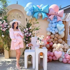 38 Inch Blue Pink Bow Heart Balloons, Baby Pink Light Blue Sand White Ivory L…