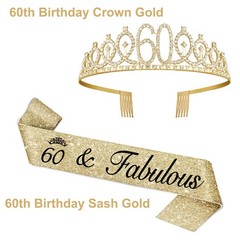 60th Birthday Decorations for Women Gold with Sash and Tiara,