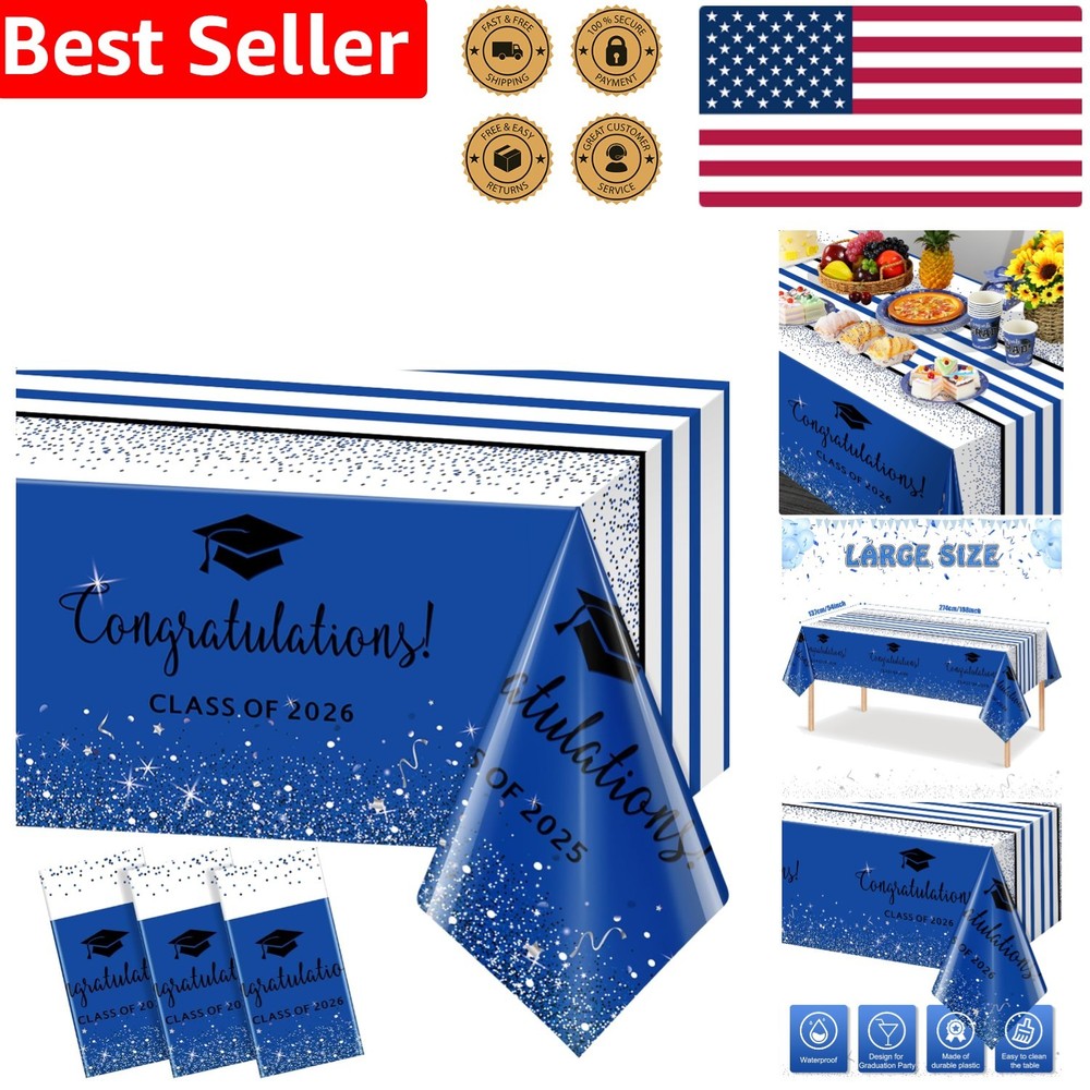 3 Pack Class of 2026 Graduation Tablecloths Blue Black Foil Dot Rectangular P…